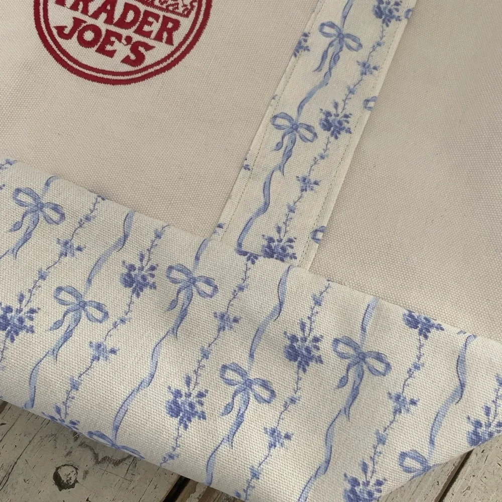 Custom Trader Joe's White and Blue Bow Tote Shopping Bag - Picture 2 of 4